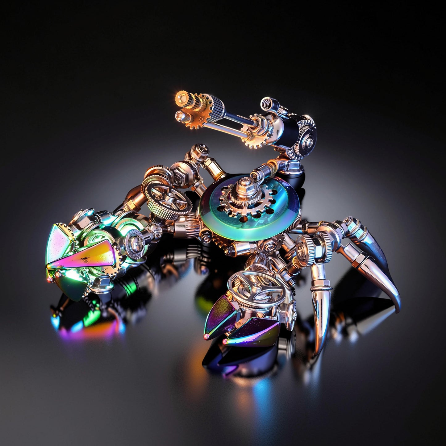 The Curious Mind Premium 3D metal model kit of a steampunk crab with iridescent mechanical details and gears.