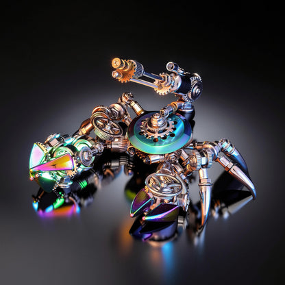 The Curious Mind Premium 3D metal model kit of a steampunk crab with iridescent mechanical details and gears.