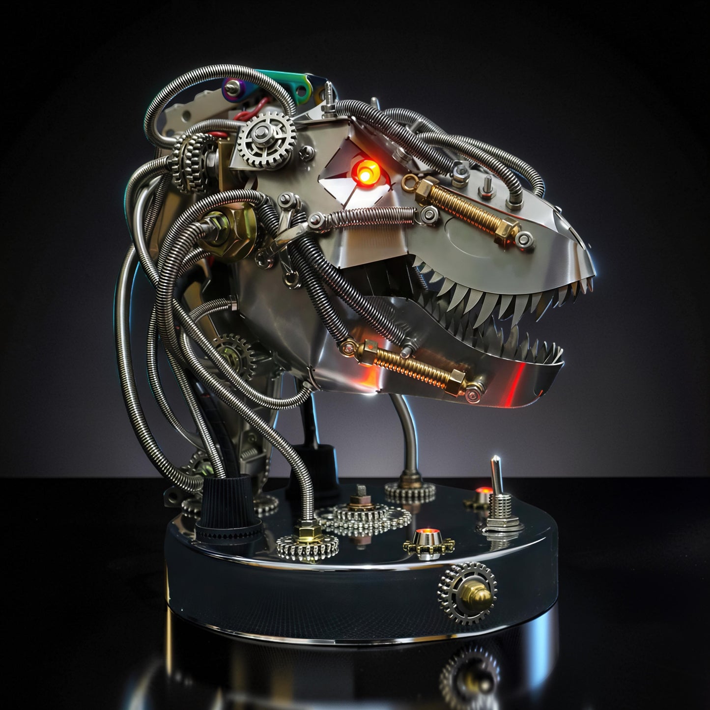 The Curious Mind Steampunk dinosaur head model kit with intricate metal gears, wires, and red glowing eyes.