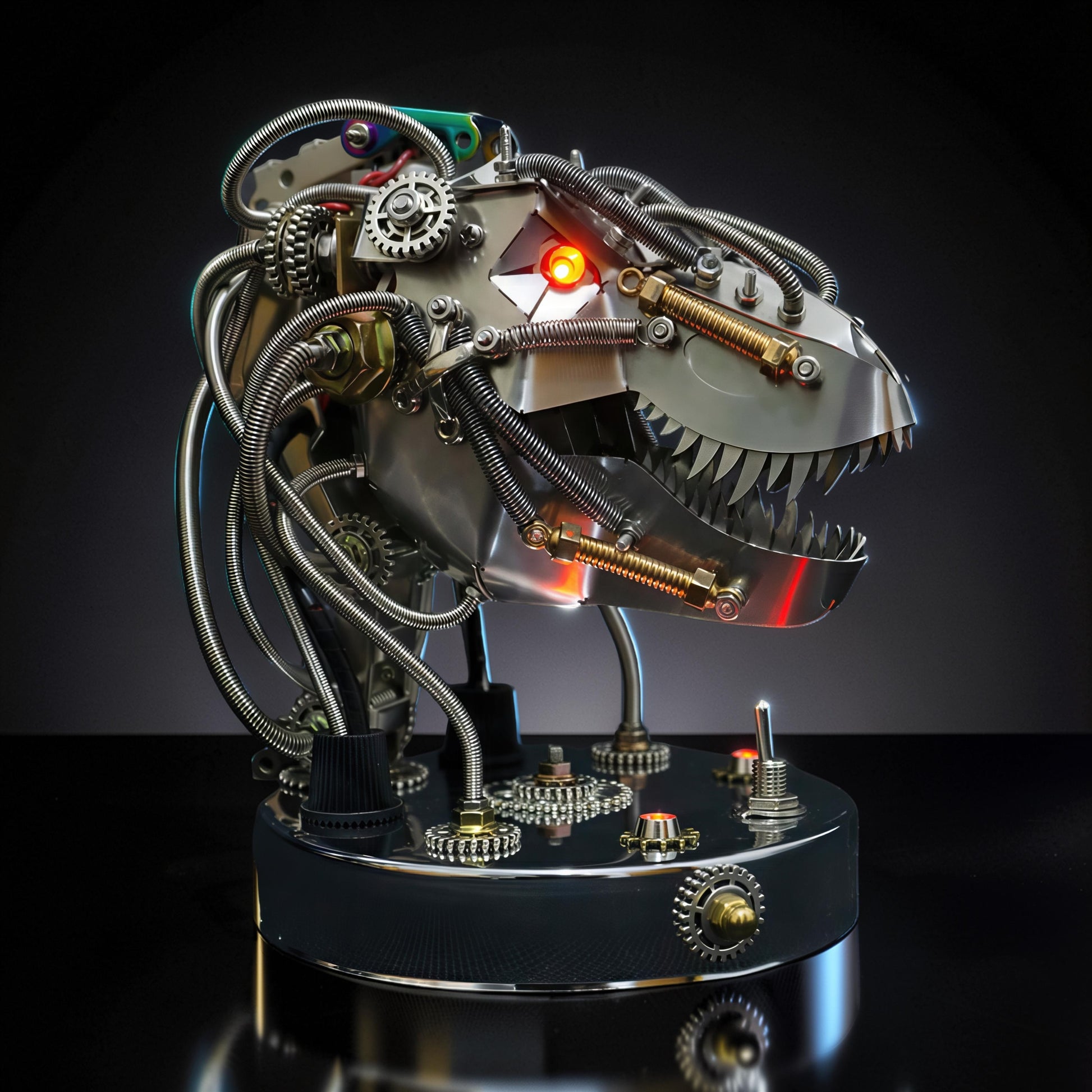 The Curious Mind Steampunk dinosaur head model kit with intricate metal gears, wires, and red glowing eyes.