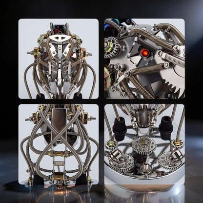 The Curious Mind Steampunk dinosaur head model kit, intricate metal construction with gears, springs, and a red LED eye.