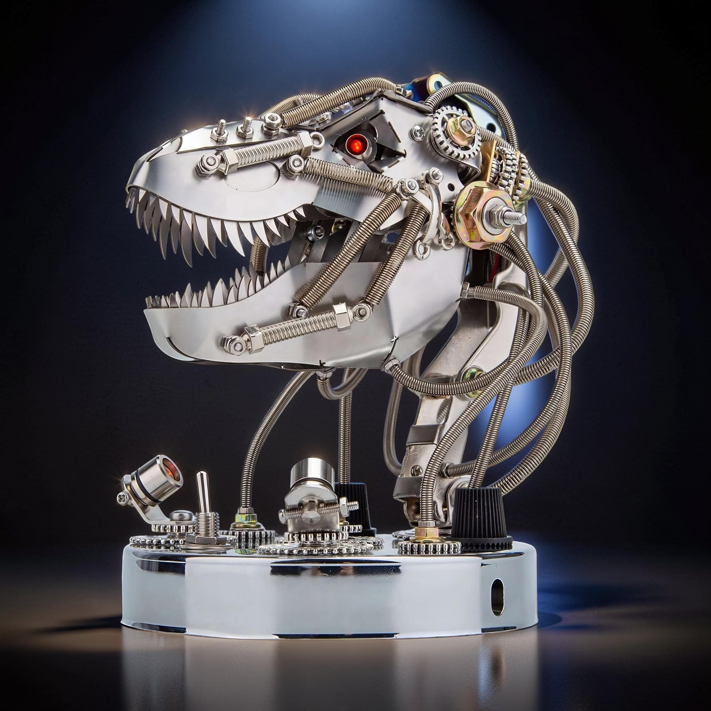 The Curious Mind Steampunk movable dinosaur head model kit, made of silver metal with intricate gears and wires. Features a red eye and sharp teeth.