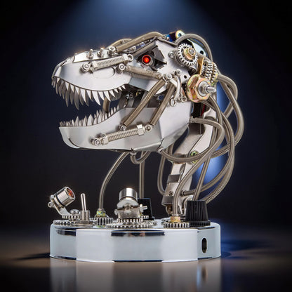 The Curious Mind Steampunk movable dinosaur head model kit, made of silver metal with intricate gears and wires. Features a red eye and sharp teeth.