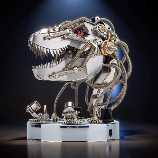The Curious Mind Steampunk movable dinosaur head model kit, made of silver metal with intricate gears and wires. Features a red eye and sharp teeth.