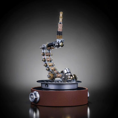 The Curious Mind steampunk metal insect model kit display stand with gears and brown leather base.
