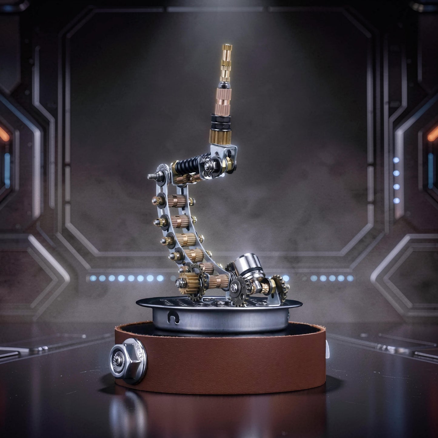 The Curious Mind metal model kit display stand with steampunk mechanical arm and brown leather base.