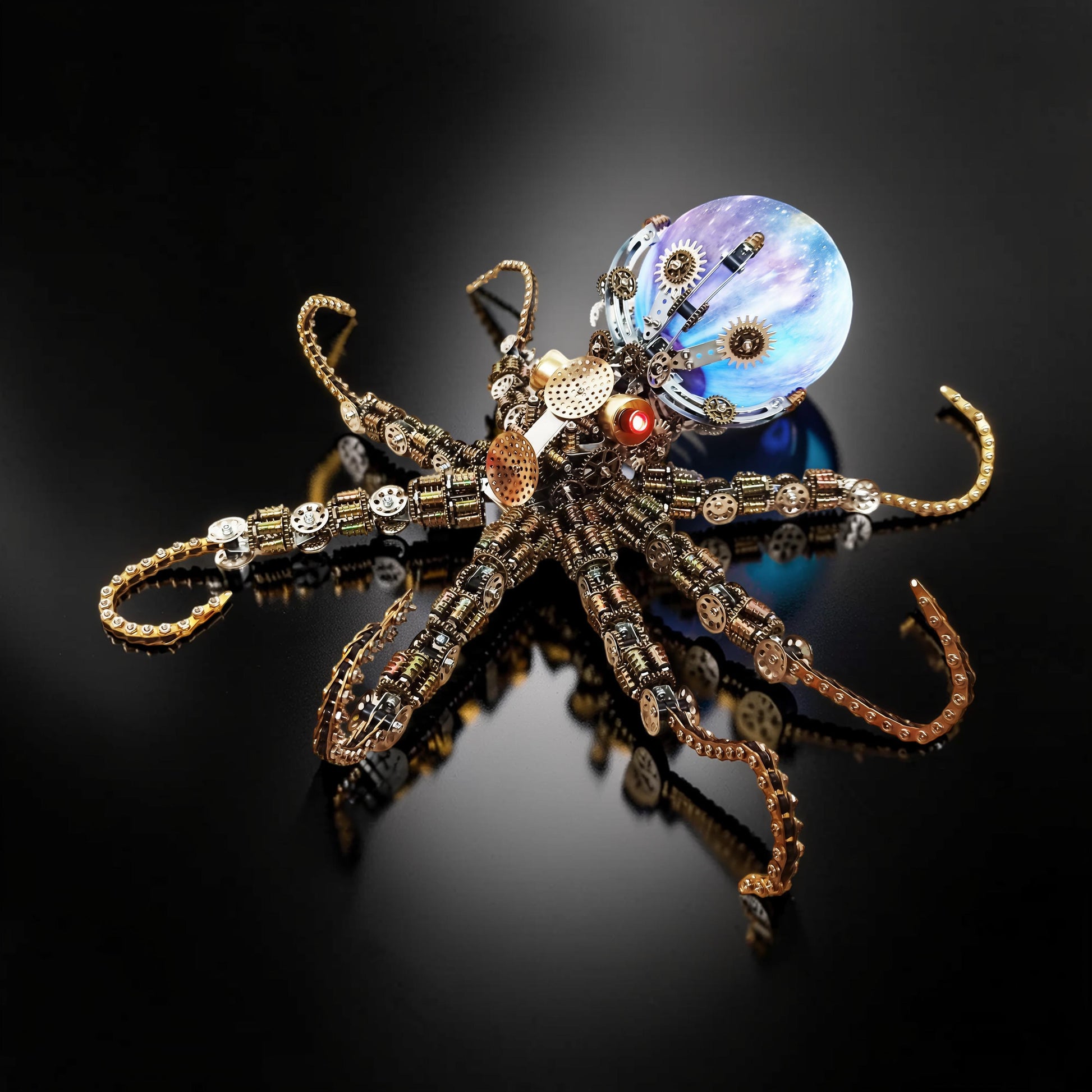 The Curious Mind Steampunk Octopus metal model kit with colourful lights and intricate gears. Features a glass orb head with swirling blue and purple lights.