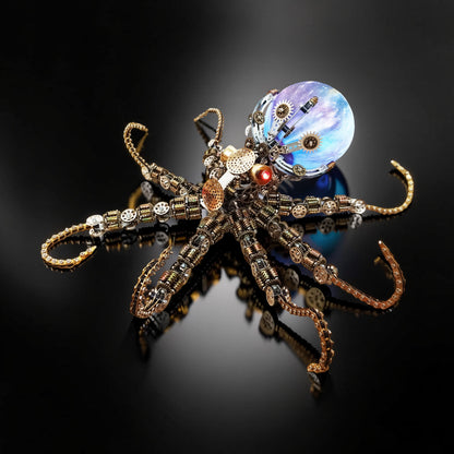 The Curious Mind Steampunk Octopus metal model kit with colourful lights and intricate gears. Features a glass orb head with swirling blue and purple lights.
