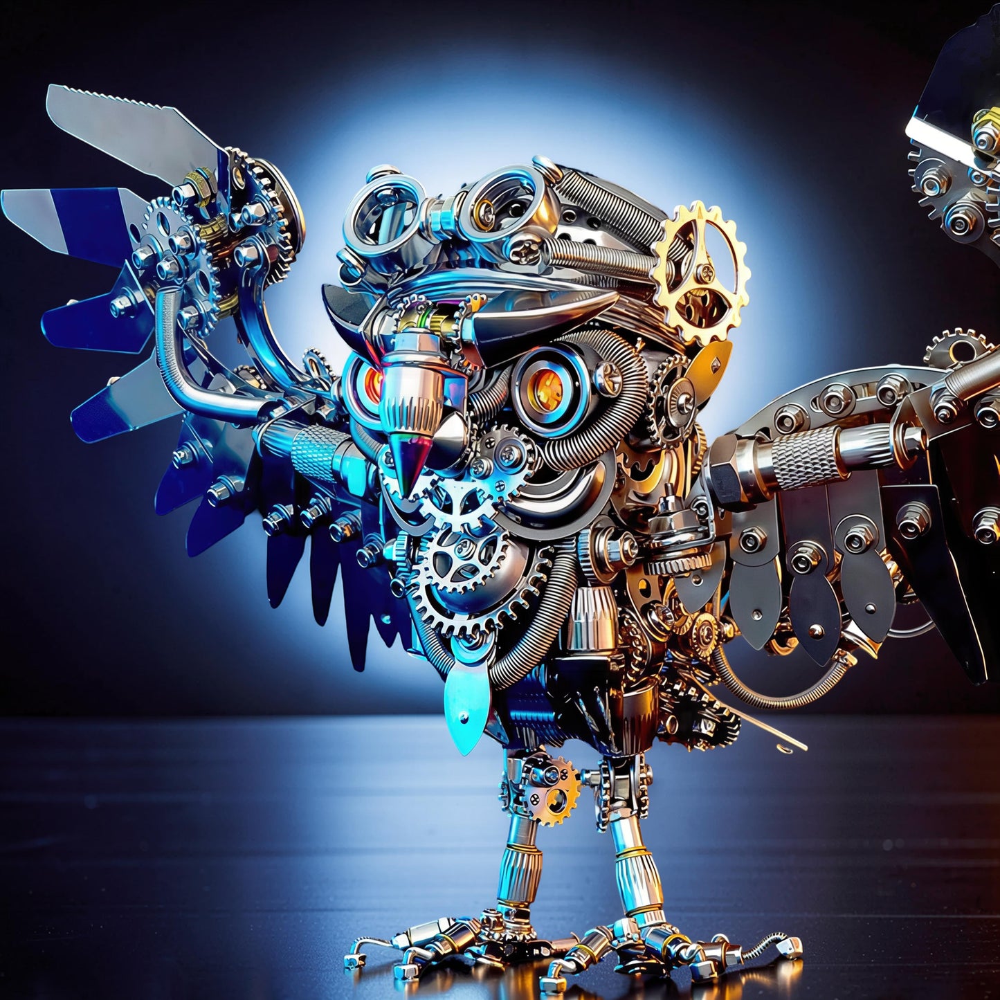 The Curious Mind Steampunk Owl 3D metal model kit with intricate gears, pipes, and mechanical wings. Detailed metallic owl sculpture.