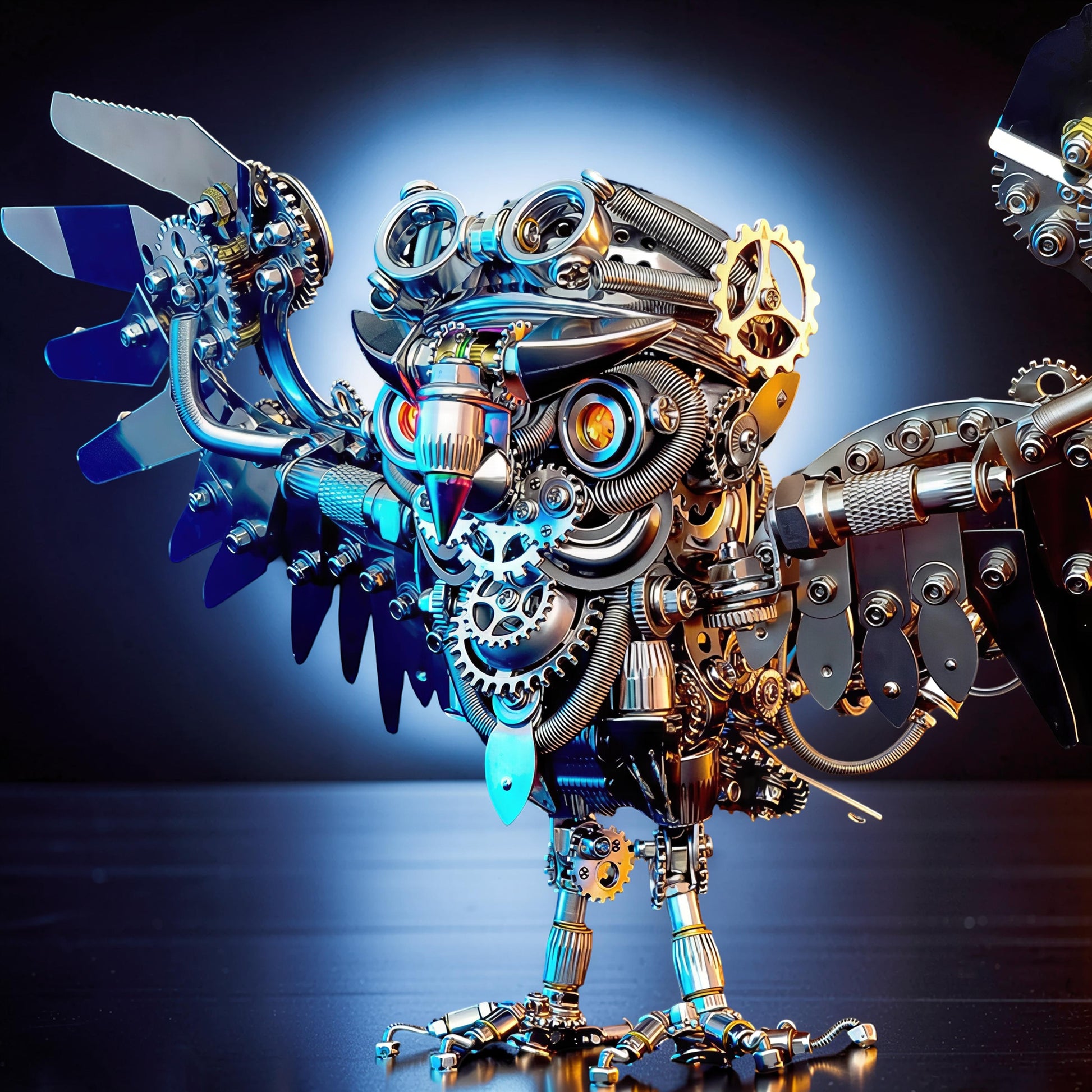 The Curious Mind Steampunk Owl 3D metal model kit with intricate gears, pipes, and mechanical wings. Detailed metallic owl sculpture.