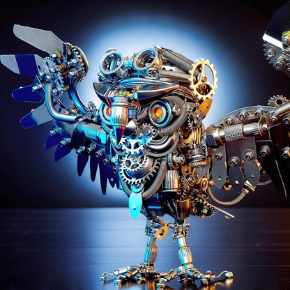The Curious Mind Steampunk Owl 3D metal model kit with intricate gears, pipes, and mechanical wings. Detailed metallic owl sculpture.