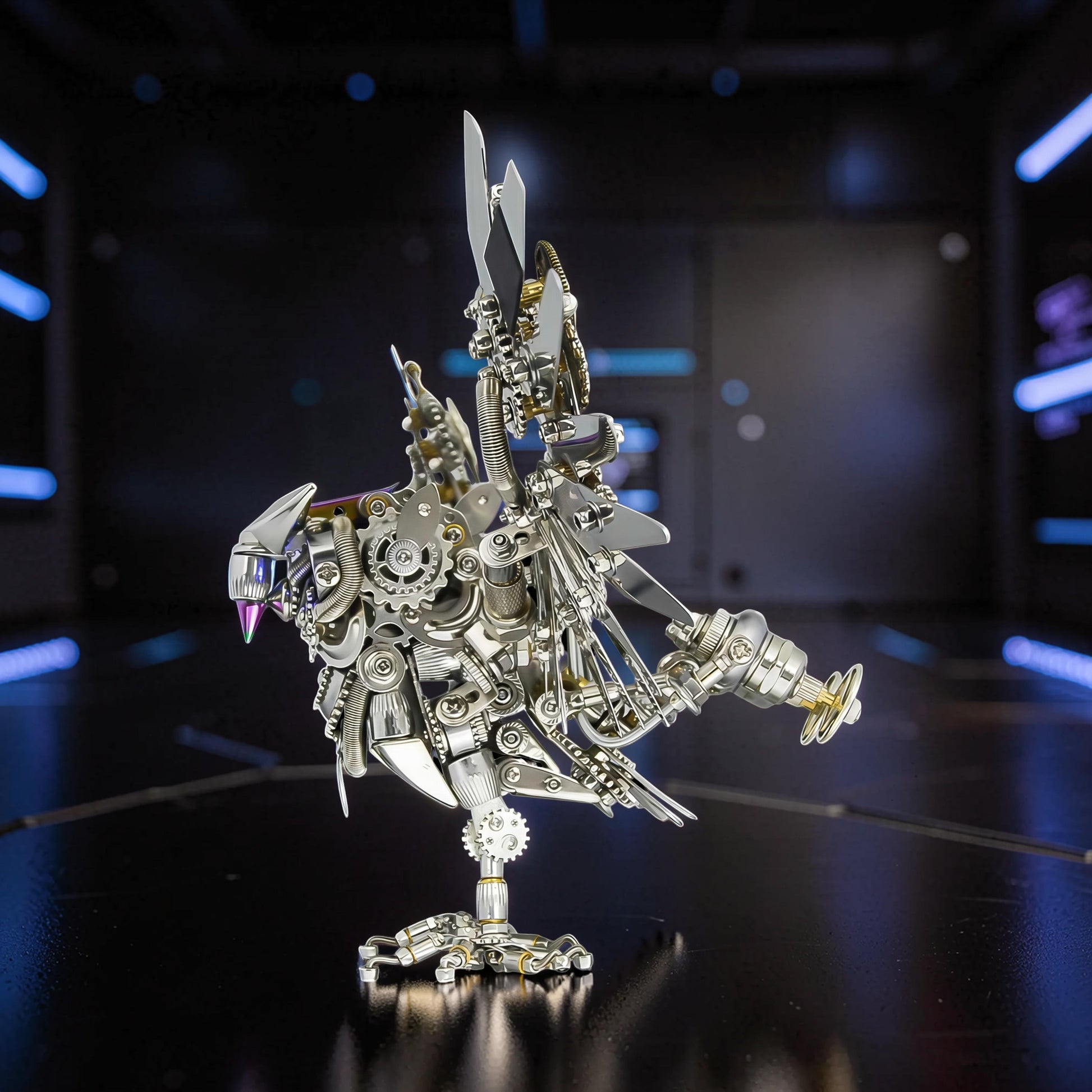 The Curious Mind Steampunk Owl 3D metal model kit, intricate mechanical design with gears and metallic finish.
