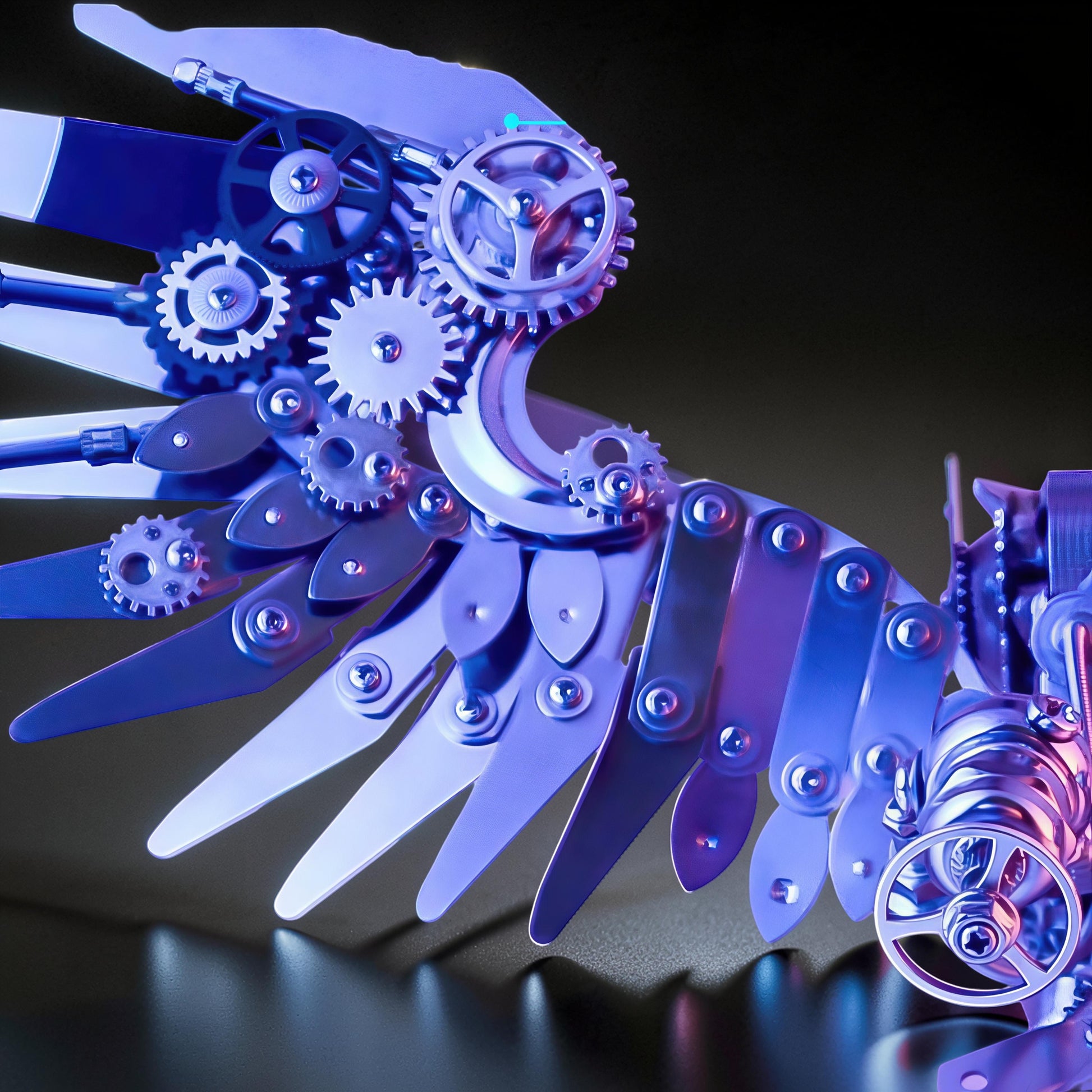 The Curious Mind Steampunk Owl metal model kit features intricate gears and metallic feathers, with a purple and blue metallic sheen.