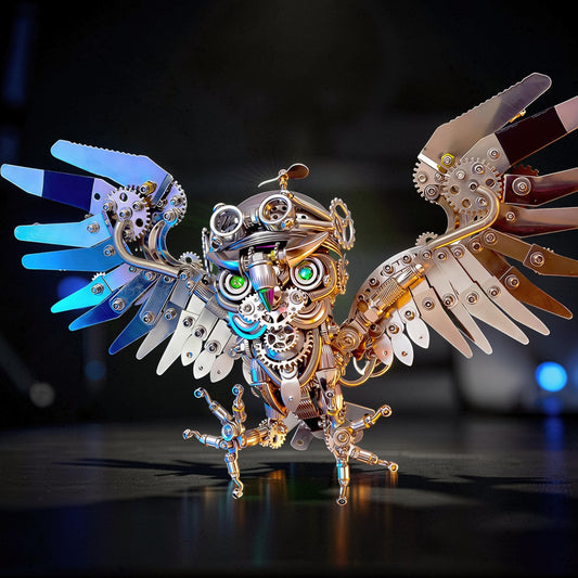 The Curious Mind Steampunk Owl 3D metal model kit with intricate gears, metallic finish, and blue-tipped wings.