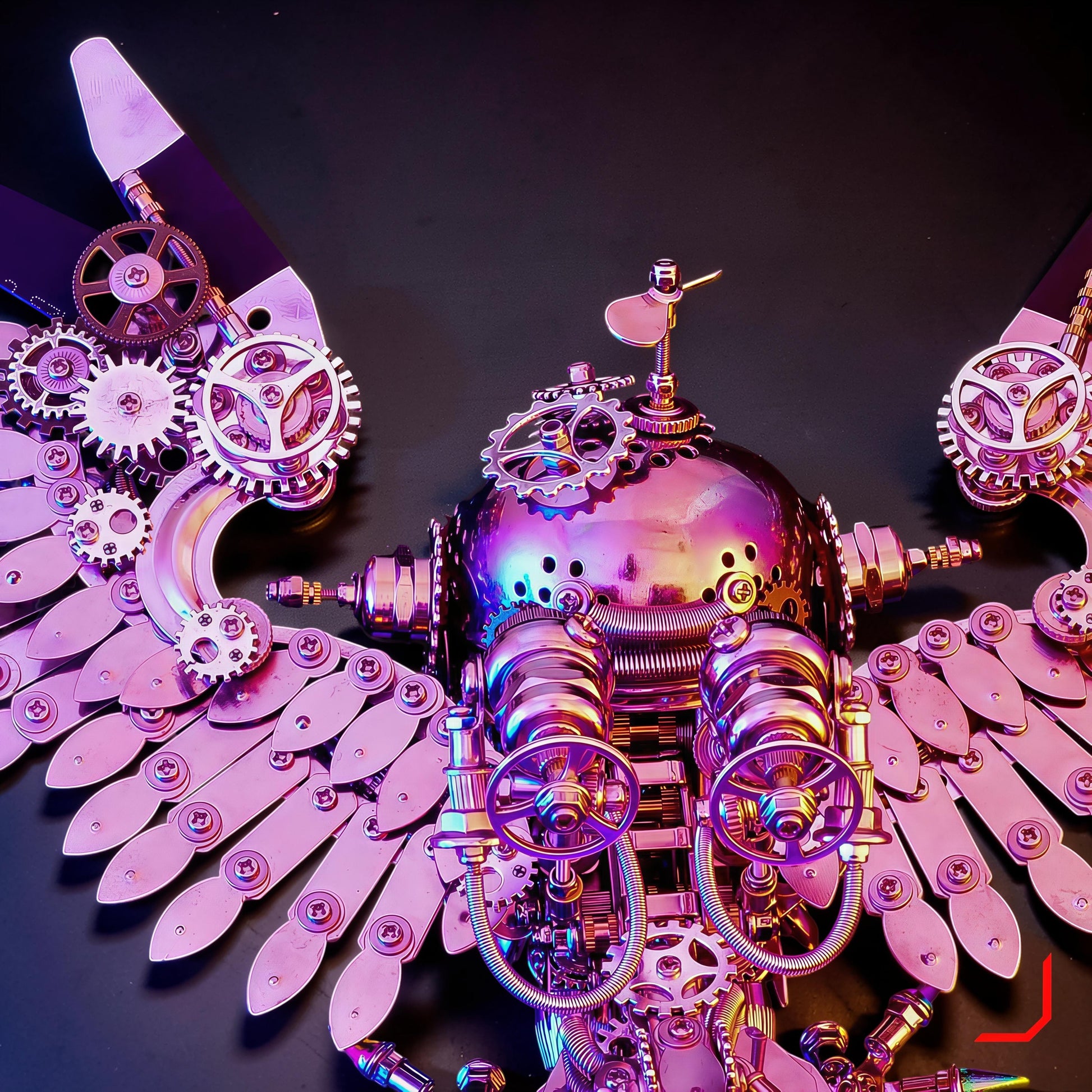 The Curious Mind Steampunk Owl 3D metal model kit with iridescent pink finish, intricate gears, and mechanical wings.