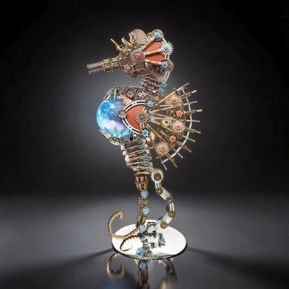 The Curious Mind Steampunk Seahorse with Lantern Light 3D metal model kit, featuring intricate gears, pipes, and a glowing celestial orb.