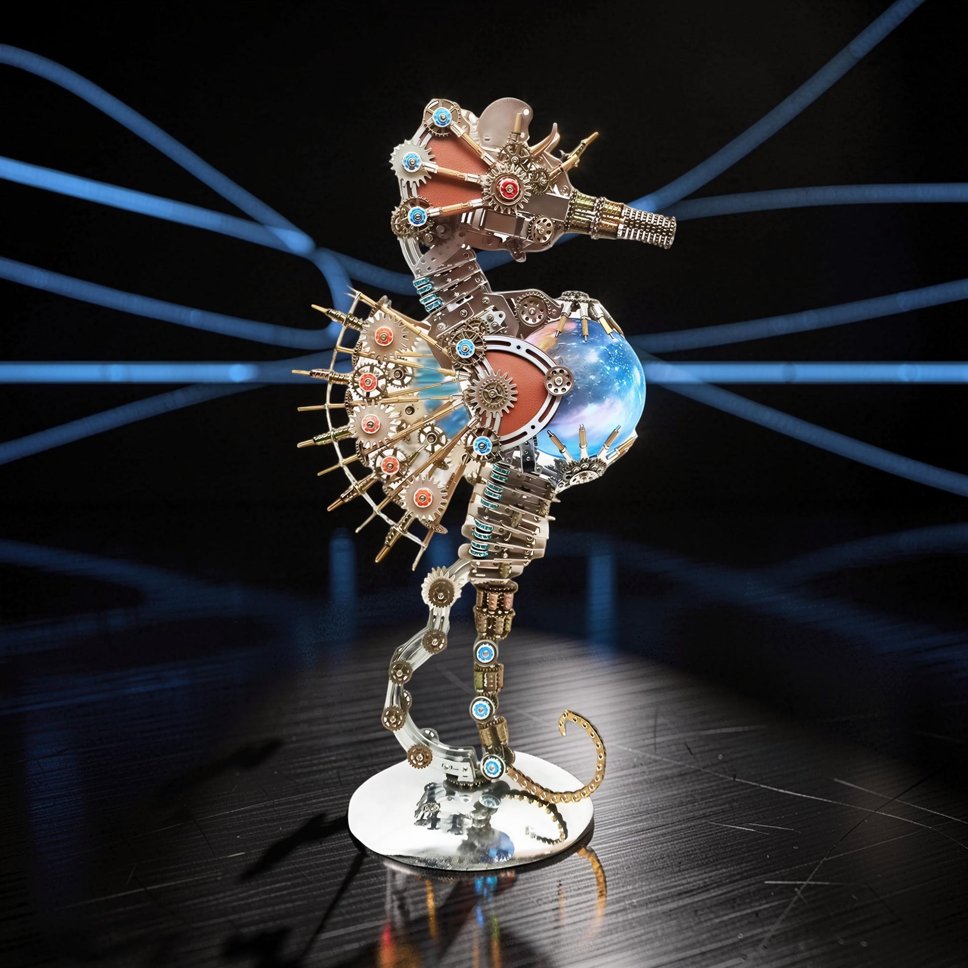 The Curious Mind Steampunk Seahorse with Lantern Light, a 3D metal model kit with intricate gears, blue and copper accents, and a glowing galaxy-filled orb.