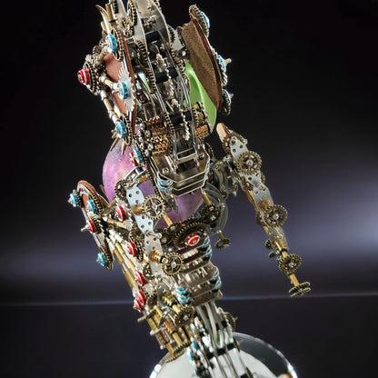 The Curious Mind Steampunk Seahorse 3D metal model kit with intricate gears, colorful gems, and a glowing lantern.