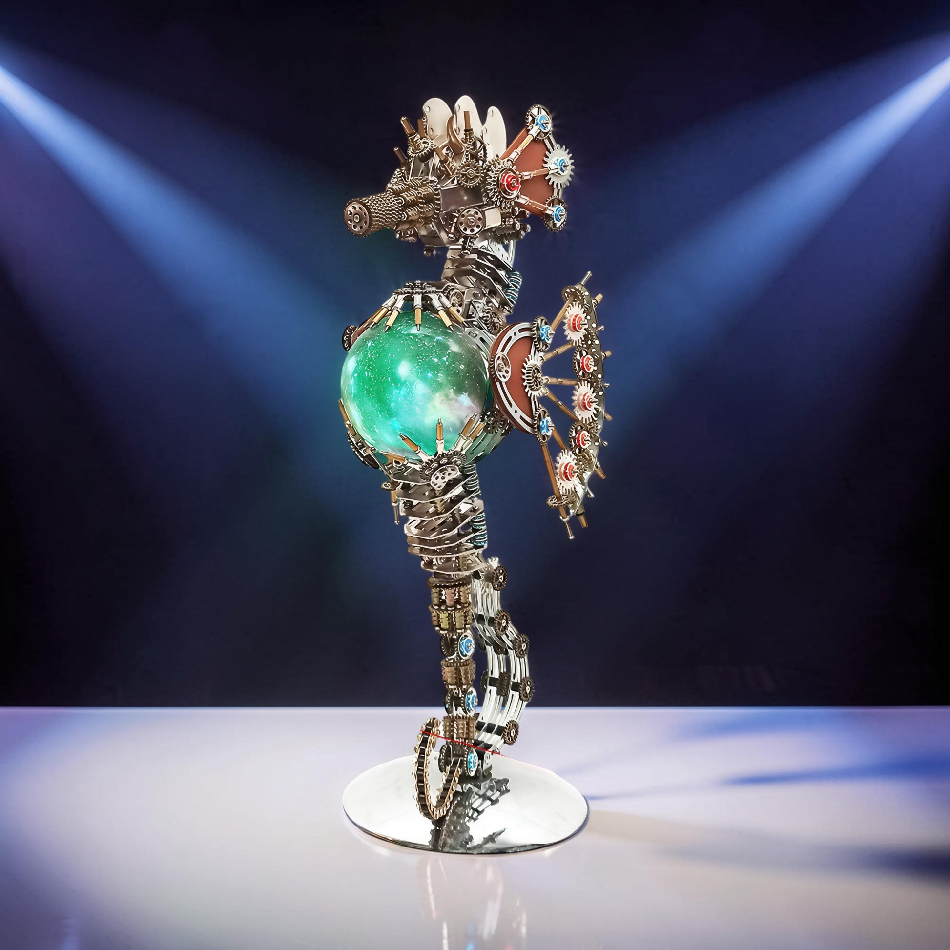 The Curious Mind Steampunk Seahorse model kit with a glowing green orb and intricate metal gears, featuring a lantern light.