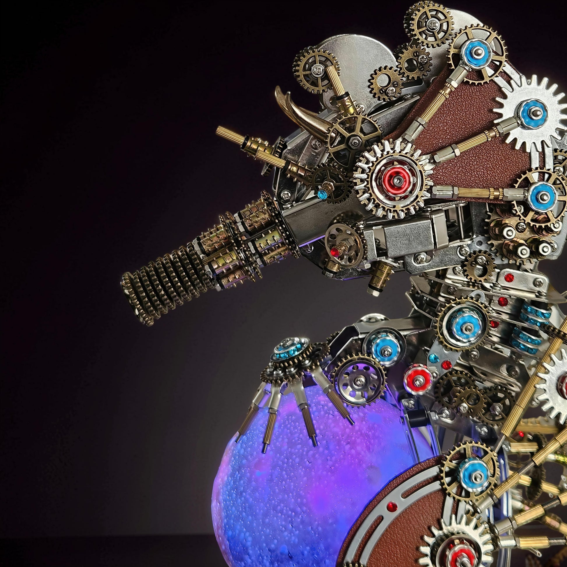 The Curious Mind Steampunk Seahorse with Lantern Light 3D metal model kit, featuring intricate gears, metallic finish, and a glowing purple orb.