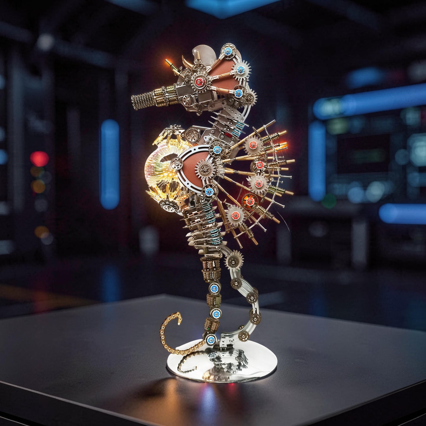 The Curious Mind Steampunk Seahorse with Lantern Light, a 3D metal model kit with intricate gears and illuminated details.