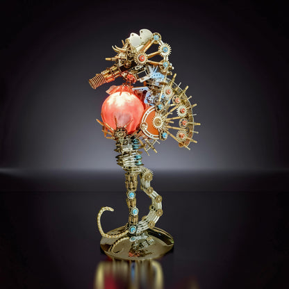 The Curious Mind Steampunk Seahorse with Lantern Light, a 3D metal model kit with intricate gears, blue gems, and a glowing red orb.