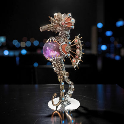The Curious Mind Steampunk Seahorse with Lantern Light 3D metal model kit, featuring intricate gears, a galaxy-filled orb, and illuminated details.
