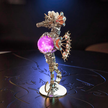 The Curious Mind Steampunk Seahorse model kit with a glowing purple orb and intricate metal gears. Features a lantern light.