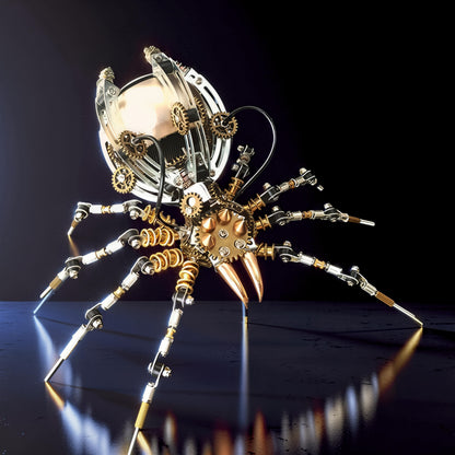 The Curious Mind Steampunk Spider Desk Lamp, a 3D metal model kit with intricate gears, polished metal, and a light-up feature.