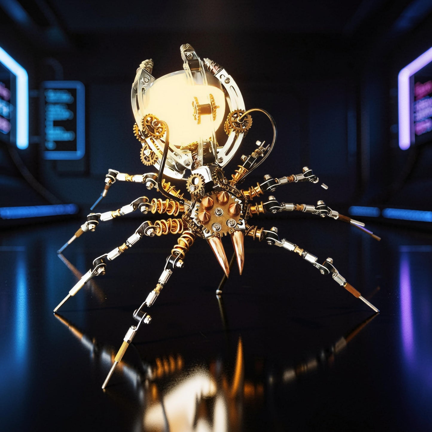 The Curious Mind Steampunk Spider Desk Lamp, a 3D metal model kit with intricate gears, metallic legs, and a glowing orb.