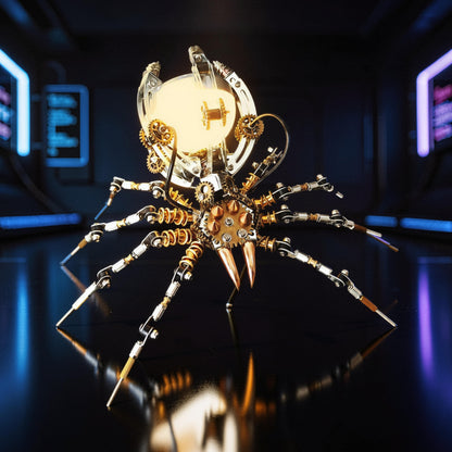 The Curious Mind Steampunk Spider Desk Lamp, a 3D metal model kit with intricate gears, metallic legs, and a glowing orb.