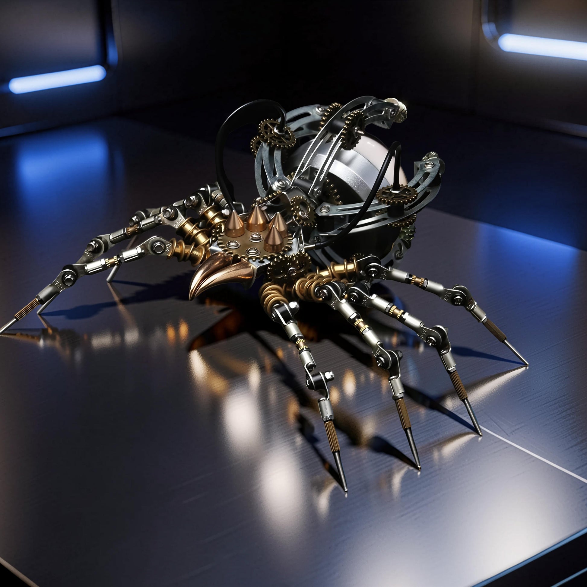 The Curious Mind Steampunk Spider Desk Lamp, a 3D metal model kit with intricate gears, spikes, and metallic legs. Features a light-up element.