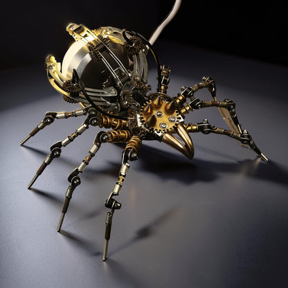 The Curious Mind Steampunk Spider Desk Lamp, a detailed metal model kit with gears and intricate joints, featuring a light.