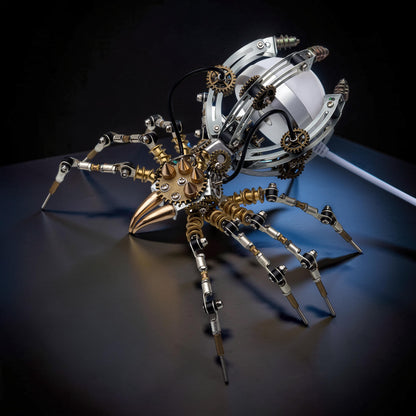 The Curious Mind Steampunk Spider Desk Lamp, a 3D metal model kit with intricate gears, metallic legs, and a light-up orb.