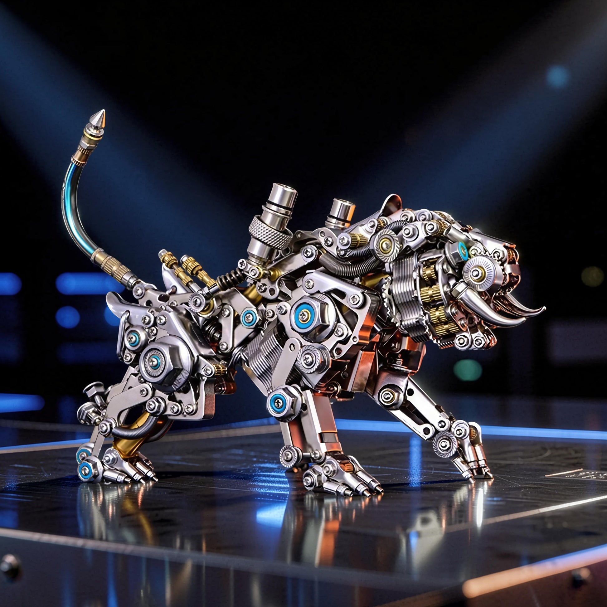 The Curious Mind 3D metal model kit of a steampunk Bengal tiger with feathered wings, intricate gears, and blue accents.