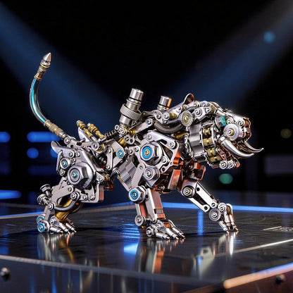 The Curious Mind 3D metal model kit of a steampunk Bengal tiger with feathered wings, intricate gears, and blue accents.