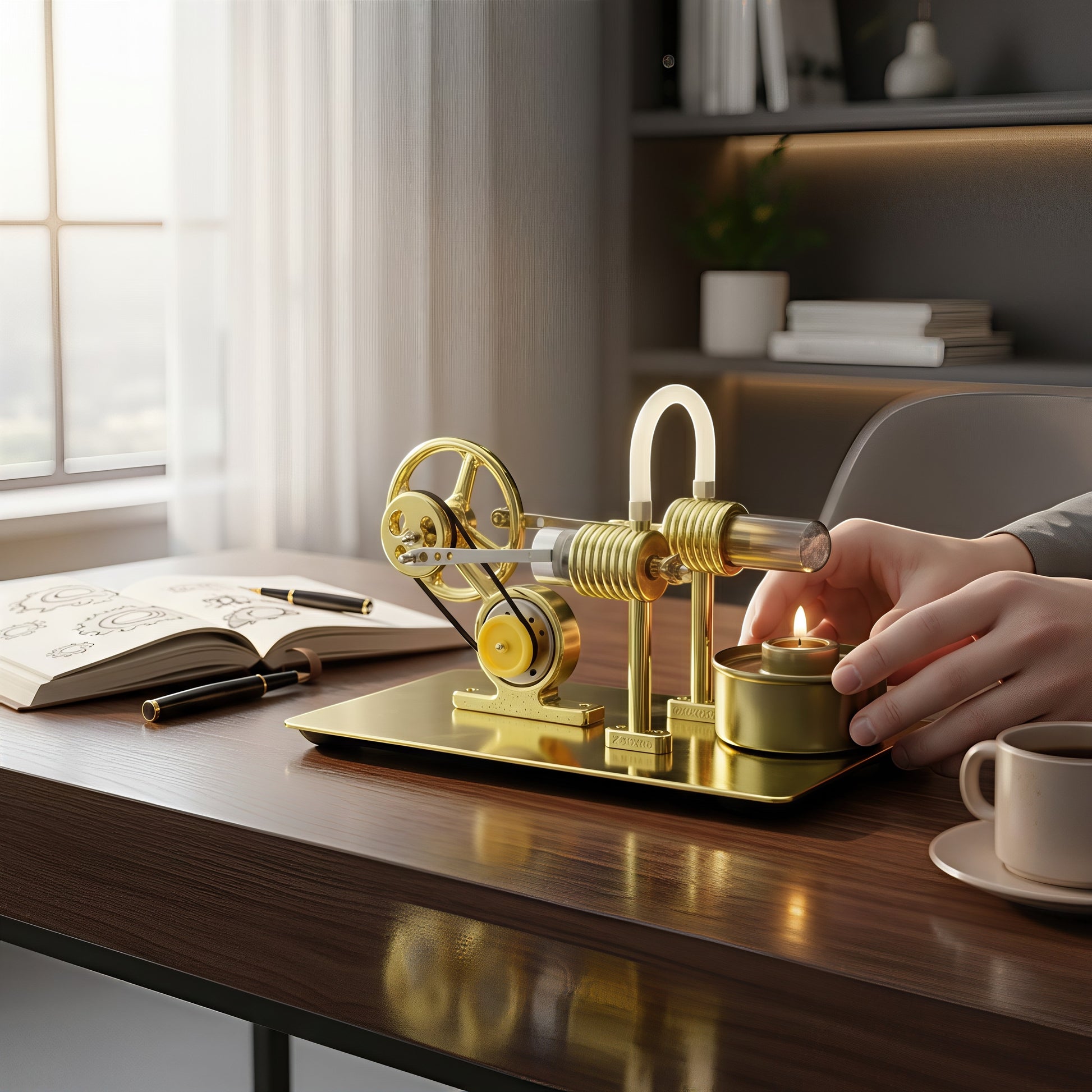 The Curious Mind Classic Stirling Engine DIY Kit, a gold metal model with a glass cylinder, powered by a small candle, on a desk with a notebook and coffee.
