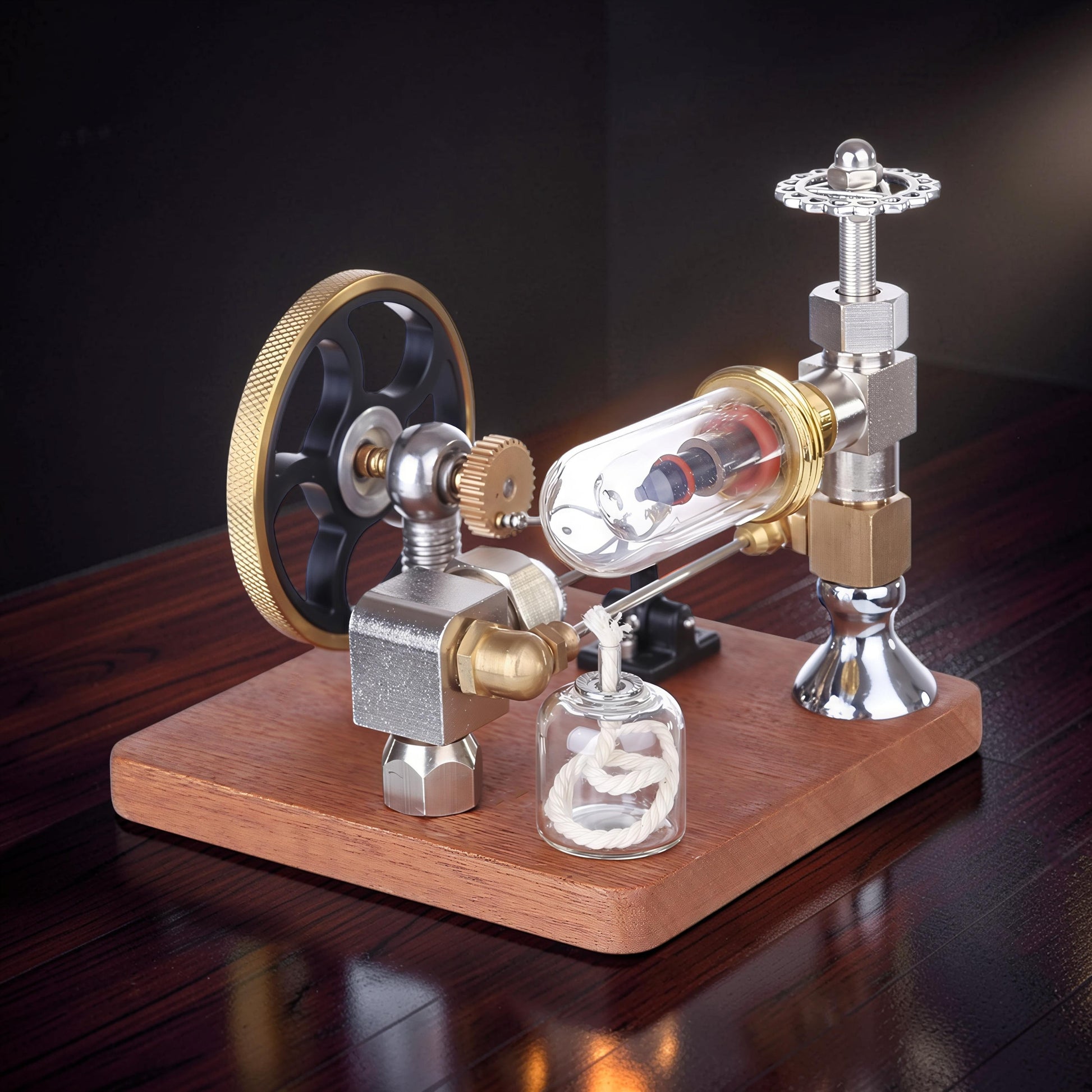 The Curious Mind Stirling Engine with adjustable speed controller, made from metal, wood, and quartz glass, featuring a flywheel and visible mechanical parts.
