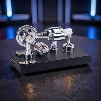The Curious Mind mirror-polished Stirling engine model with voltmeter and USB port, made of metal with a black base and red belt.