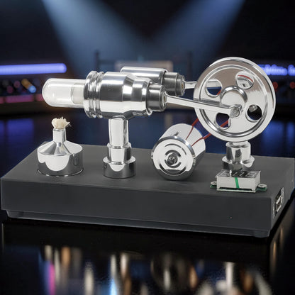 The Curious Mind mirror-polished metal Stirling engine model with voltmeter and USB port, featuring a glass cylinder and flywheel.