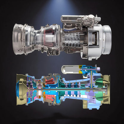 The Curious Mind T700 turboshaft engine model kit, showing a cutaway view of the metal engine and a detailed internal diagram.