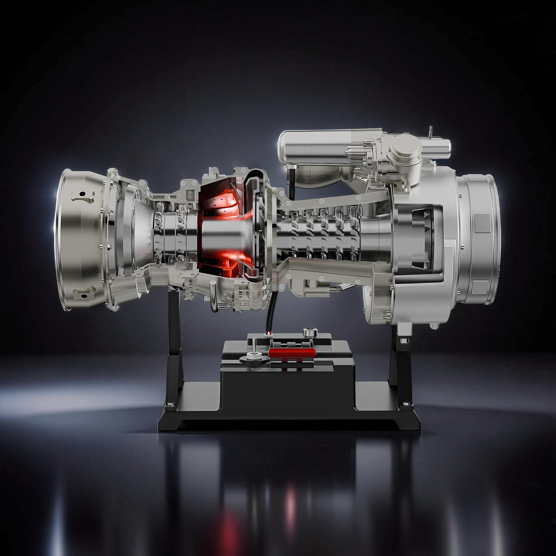 The Curious Mind T700 turboshaft engine model, a detailed metal replica with illuminated red core, displayed on a stand.