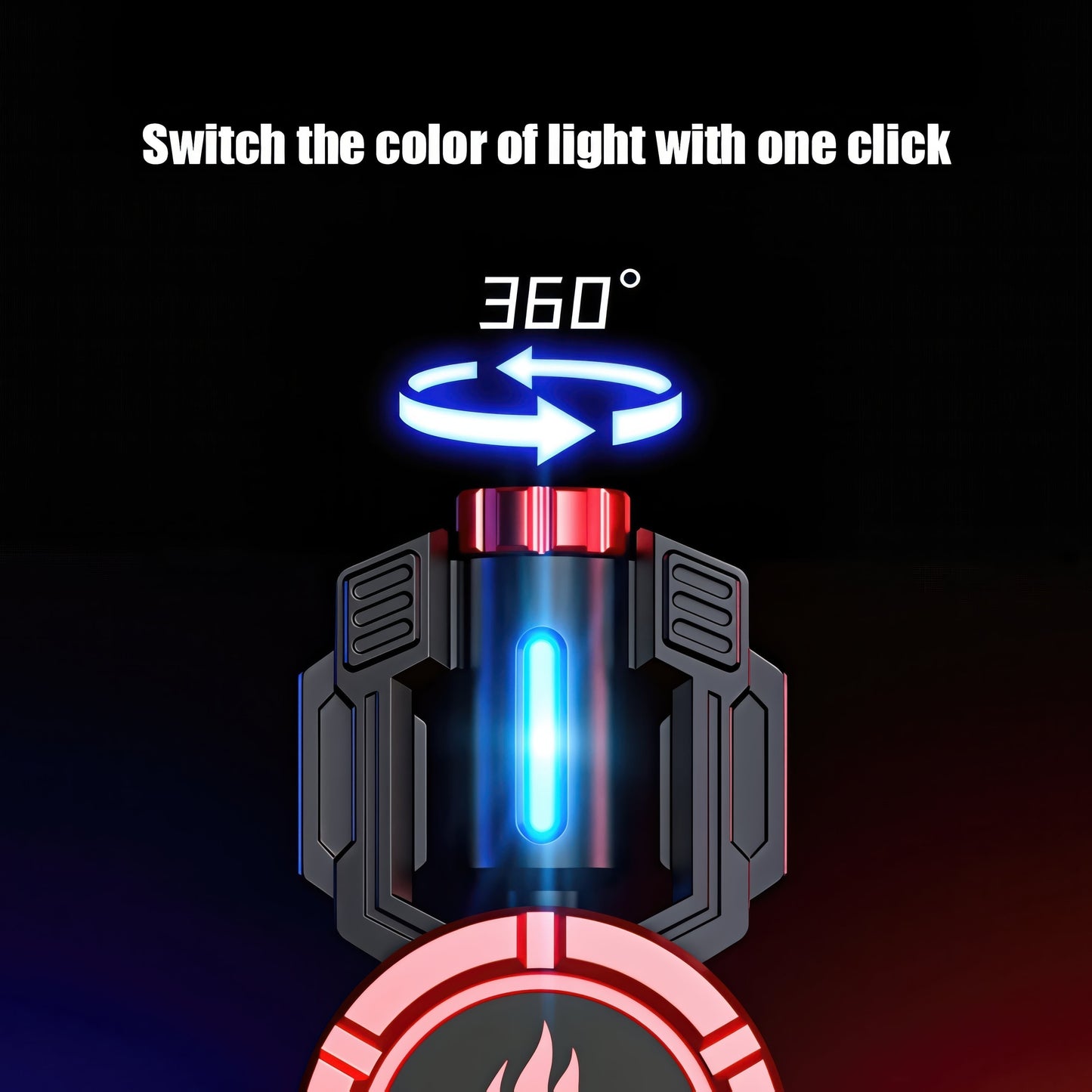 The Curious Mind Tactical Tri-Blade Glow Spinner with blue LED light and red accents, mechanical design.
