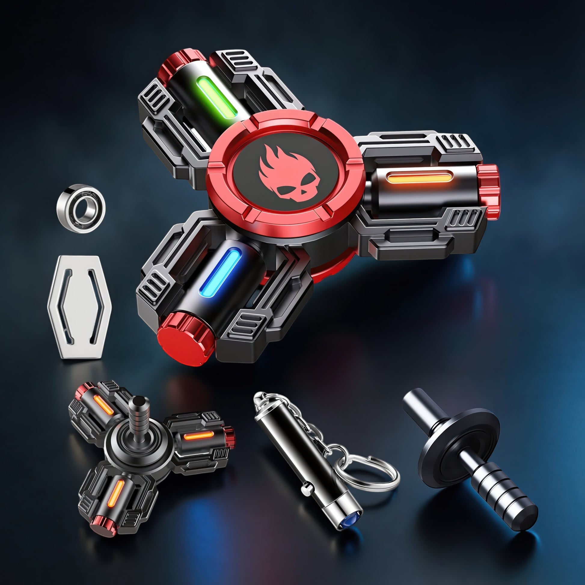The Curious Mind Tactical Tri-Blade Glow Spinner with red, blue, and green lights. Features a skull emblem and mechanical design.