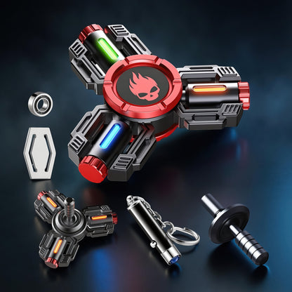 The Curious Mind Tactical Tri-Blade Glow Spinner with red, blue, and green lights. Features a skull emblem and mechanical design.