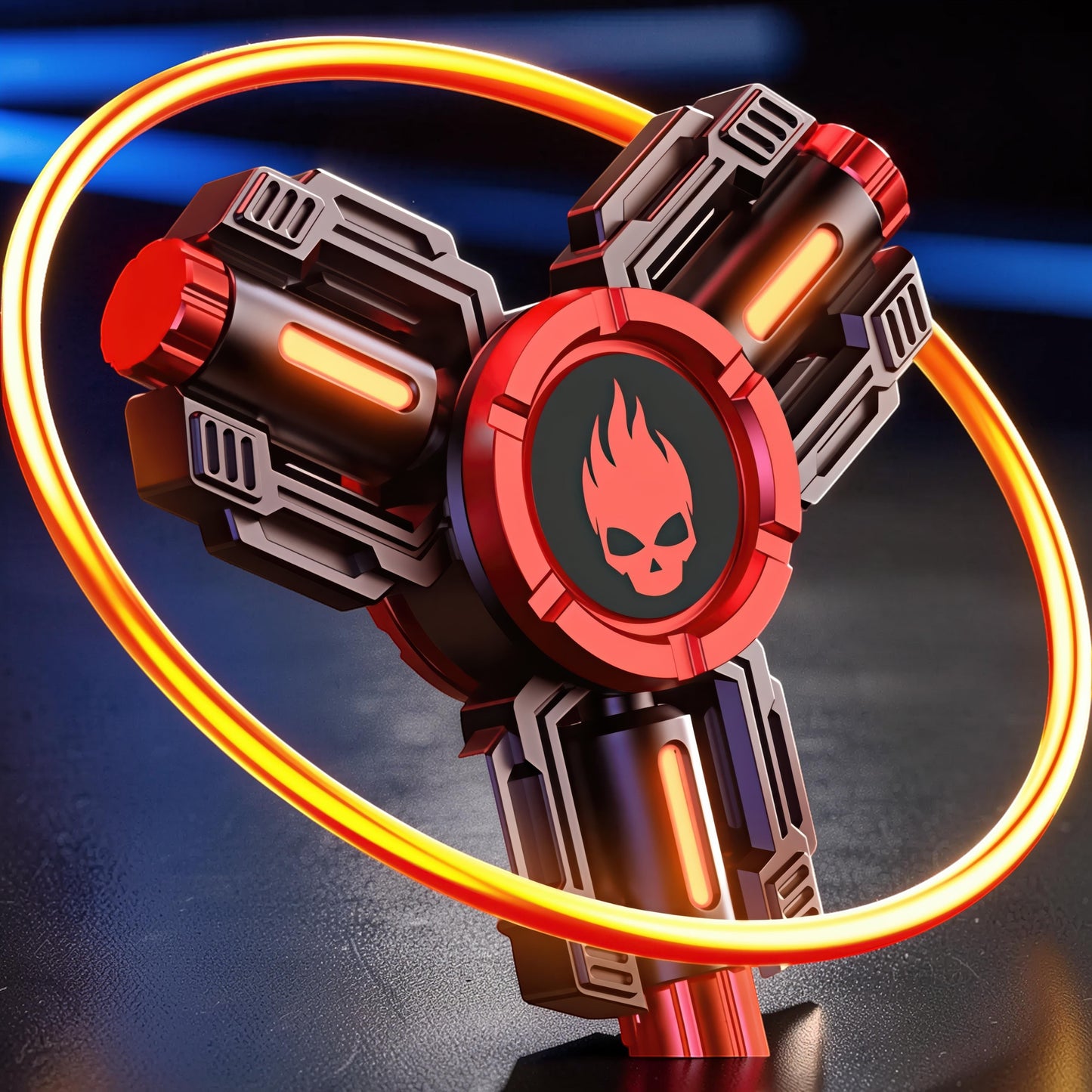 The Curious Mind Tactical Tri-Blade Glow Spinner with mechanical styling, red accents, and glowing orange strips.