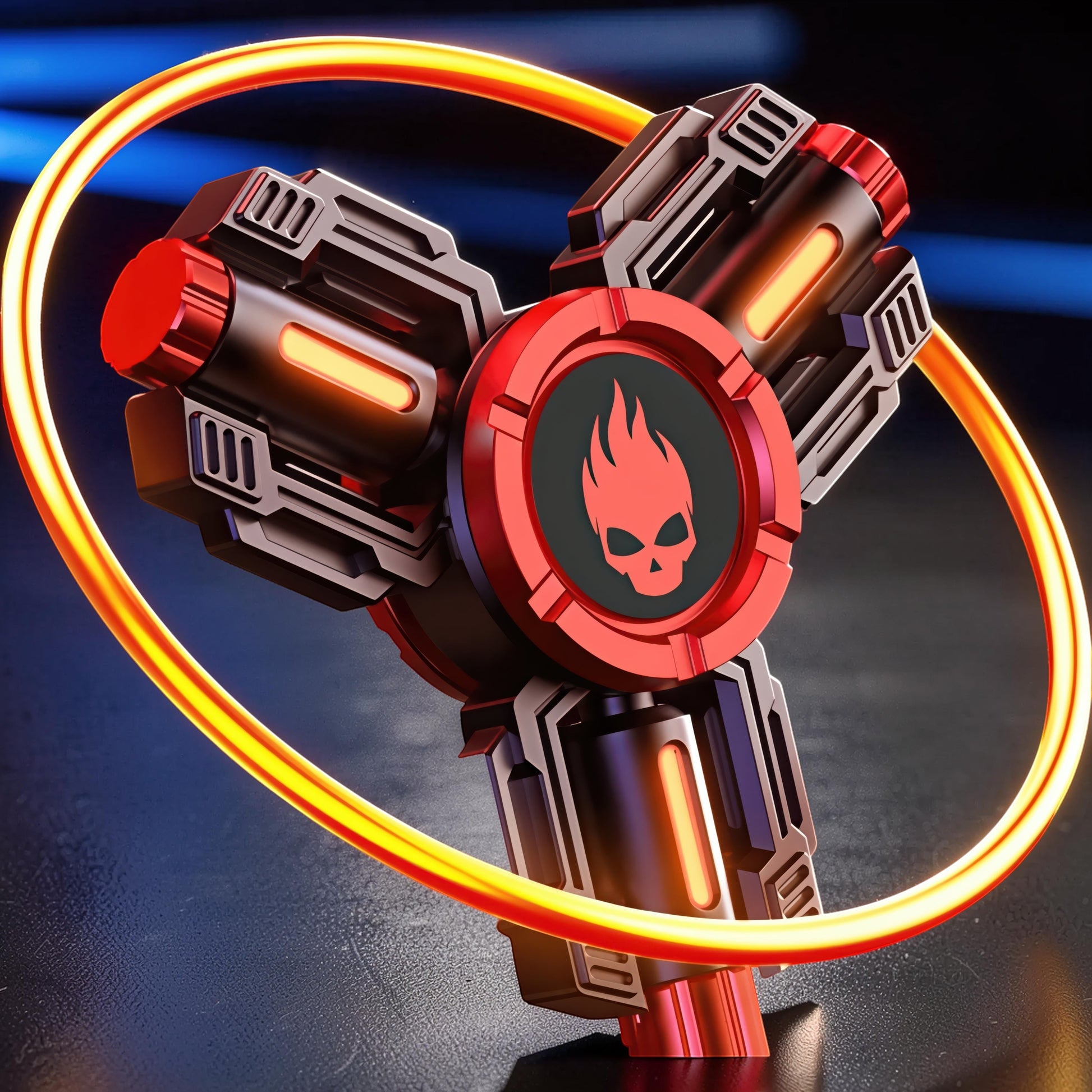The Curious Mind Tactical Tri-Blade Glow Spinner with mechanical styling, red accents, and glowing orange strips.