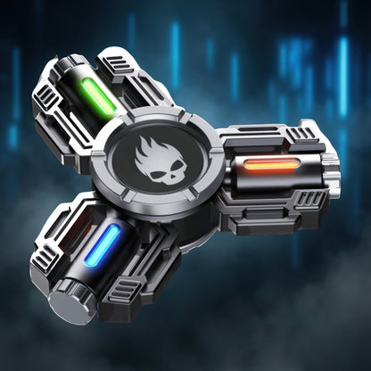The Curious Mind Tactical Tri-Blade Glow Spinner with green, orange, and blue glowing accents and a skull logo.