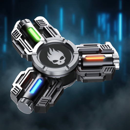 The Curious Mind Tactical Tri-Blade Glow Spinner with green, orange, and blue glowing accents and a skull logo.