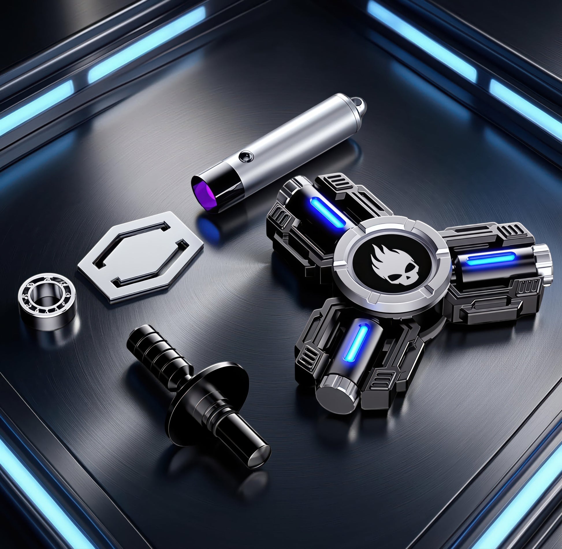 The Curious Mind Tactical Tri-Blade Glow Spinner with mechanical styling, blue LED lights, and skull emblem. Includes accessories.